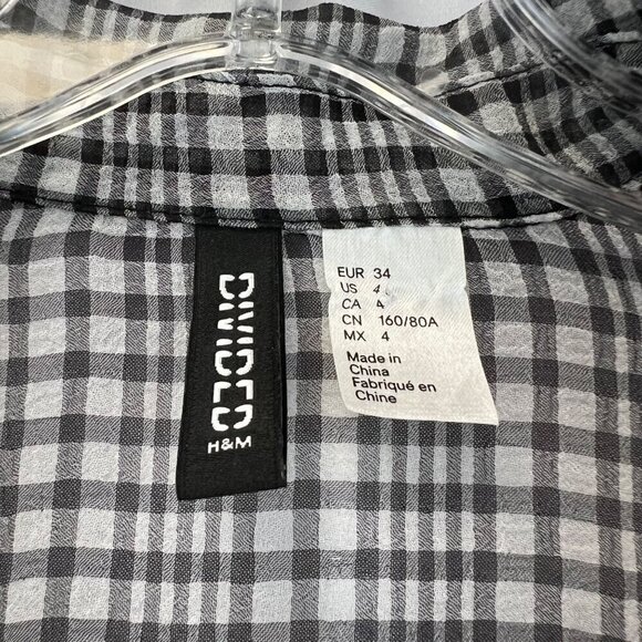 H&M Womens Long Sleeve Button Down Sheer Blouse Black/Gray Plaid Sz 4 Ruffles - Picture 8 of 9